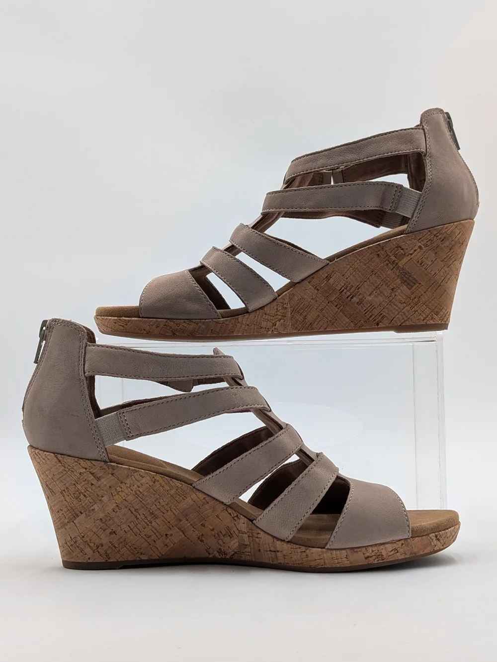 Rockport Briah Gladiator Sz 10 truTECH Taupe Strappy Cork Wedge Sandals Back Zip